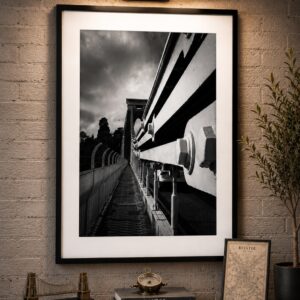 Clifton Suspension Bridge walkway and suspension structure in Bristol, presented as black and white wall art from the Bristol Wall Art Clifton Collection.