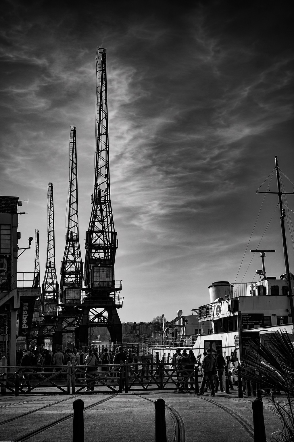 Bristol Harbourside Cranes black and white photograph beside the waterfront