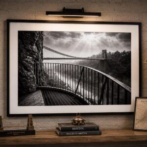 Framed black and white Clifton Suspension Bridge wall art print viewed from the observation platform above Avon Gorge.