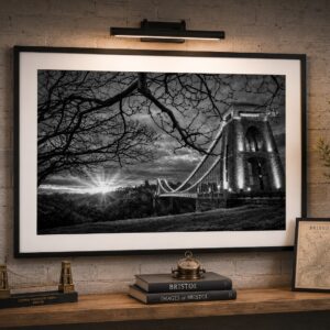 Clifton Suspension Bridge viewed across the Avon Gorge at sunset, presented as black and white wall art from the Bristol Wall Art Clifton Collection.