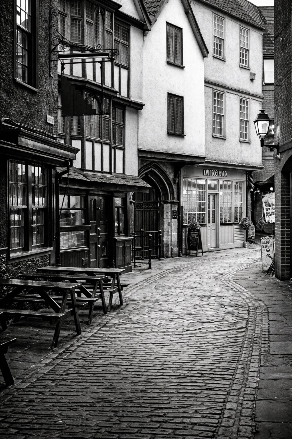 Black and white photograph of Christmas Steps in Bristol
