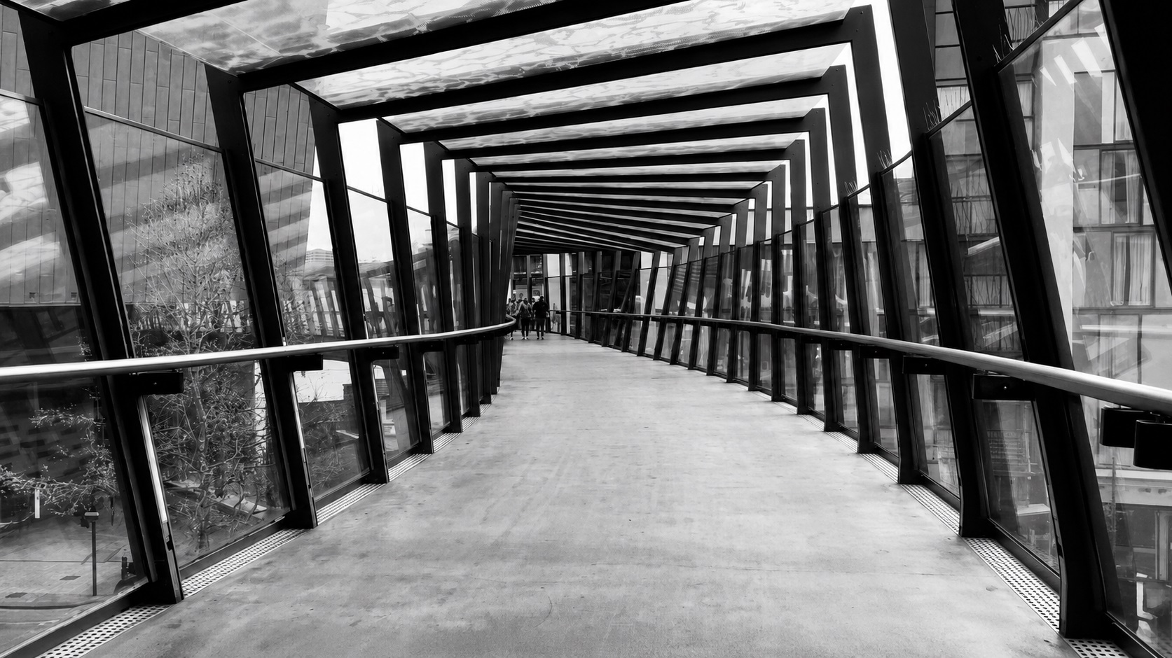 Black and white photograph of a modern Bristol walkway with strong geometric lines