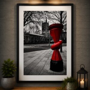 Framed twisted red post box Bristol wall art