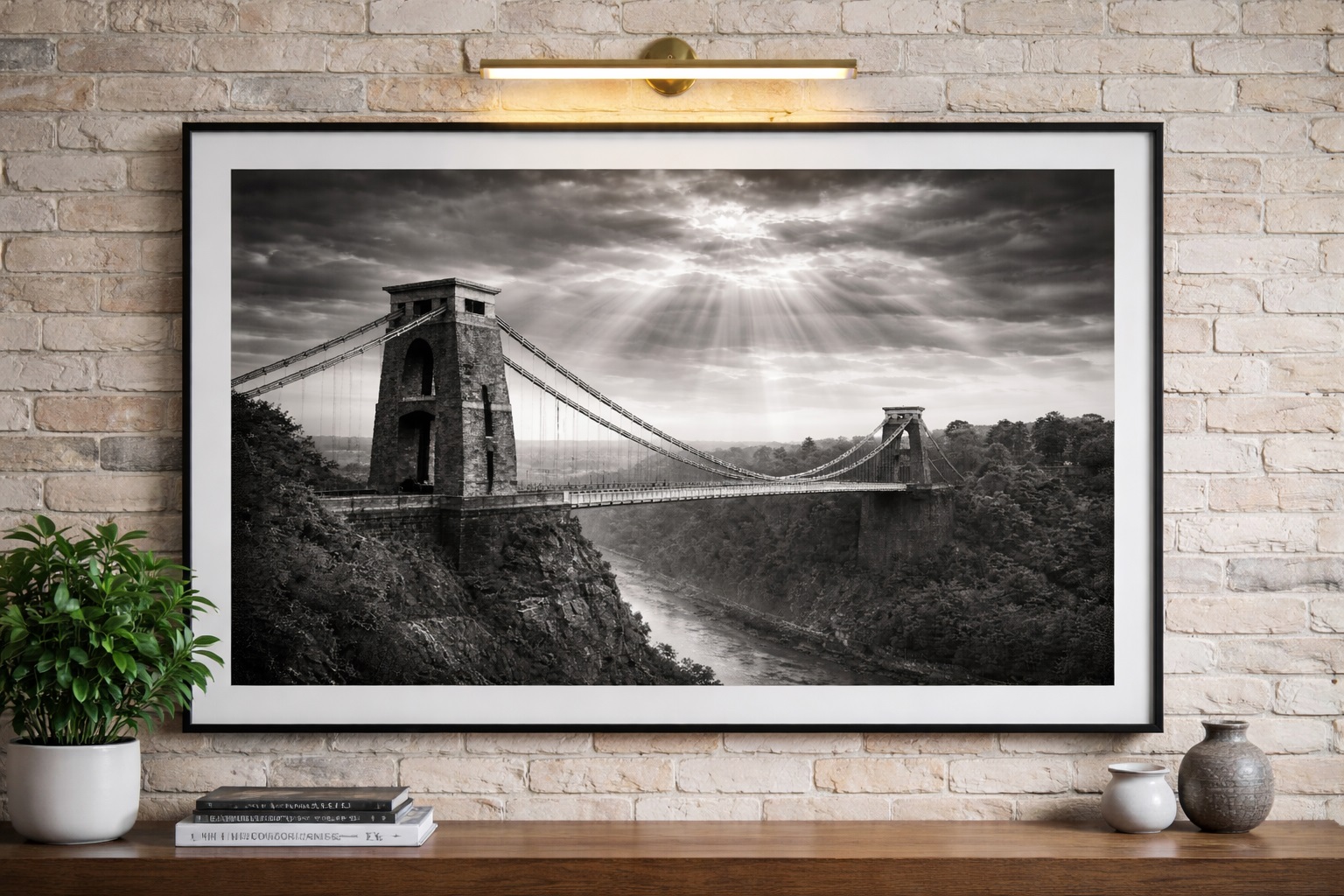 Framed Bristol Suspension Bridge wall art displayed in a room