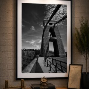 Clifton Suspension Bridge tower viewed from Clifton Heights in Bristol, presented as black and white wall art from the Bristol Wall Art Clifton Collection.