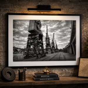 Framed black and white Bristol Harbour cranes wall art print featuring the iconic Wapping Wharf cranes and railway tracks.