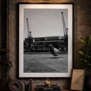 Framed black and white Bristol Harbour wall art print featuring a pigeon with iconic harbour cranes in the background.