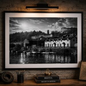 Framed black and white Spike Island Bristol wall art print overlooking the harbour and waterfront buildings.