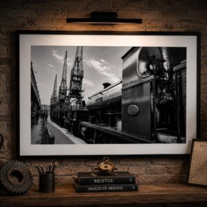 Framed black and white Bristol Harbour wall art print featuring a historic steam train and harbour cranes.