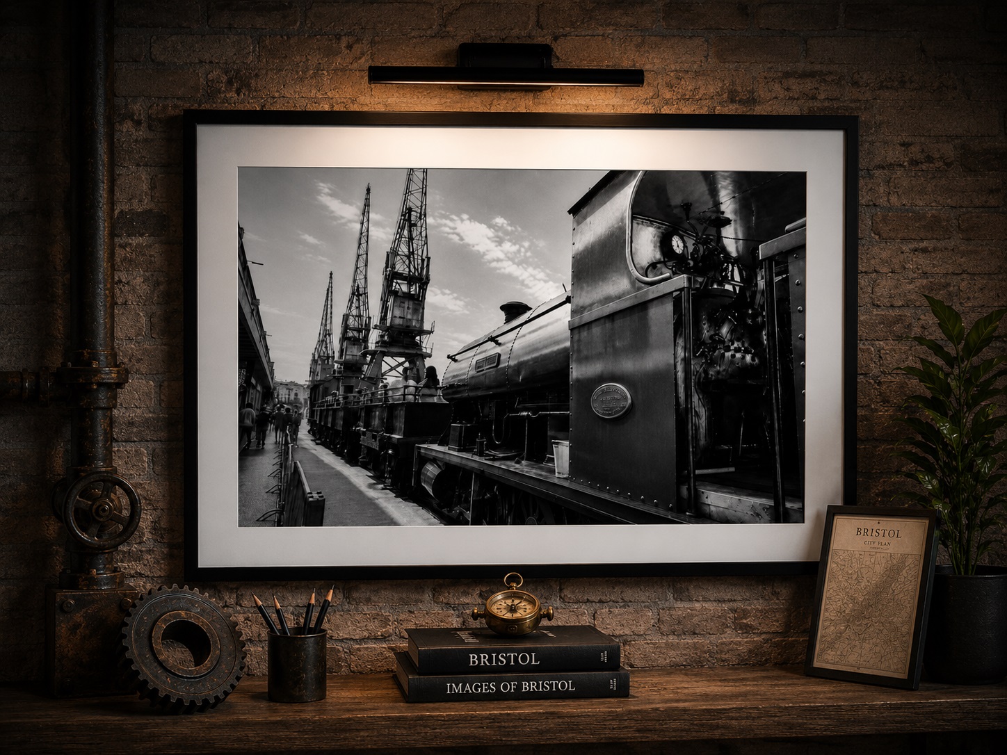 Steam train and cranes Bristol print