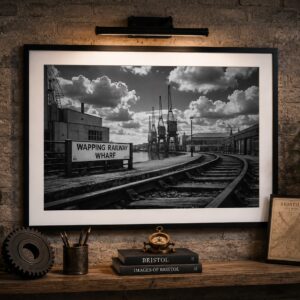 Framed black and white Wapping Wharf Bristol wall art print featuring railway tracks and historic harbour cranes.